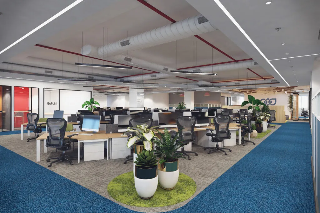 Corporate Office Breakout/Collaboration Zone with Curved Wooden Seating Corporate Office Layouts Desk and Decor 