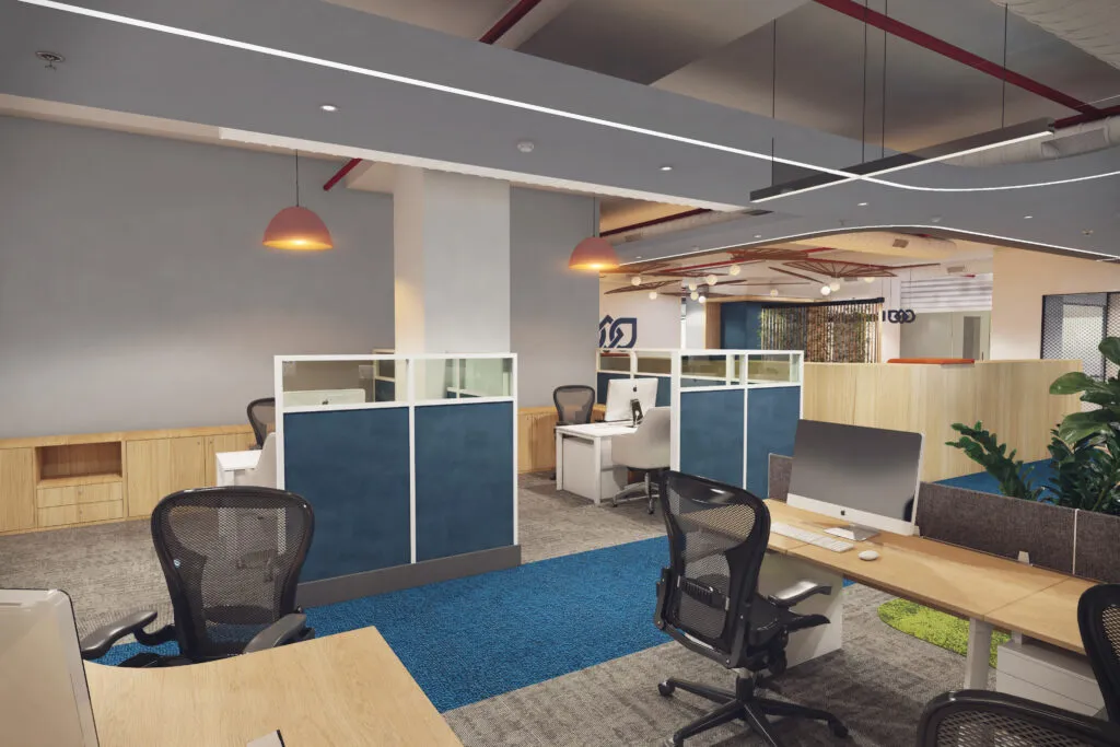 Corporate Office Breakout/Collaboration Zone with Curved Wooden Seating Corporate Office Layouts Desk and Decor 