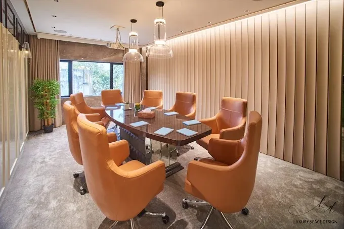 Corporate Meeting Room with Green Sliding Doors & Artistic Corridor Corporate Office Layouts Desk and Decor 
