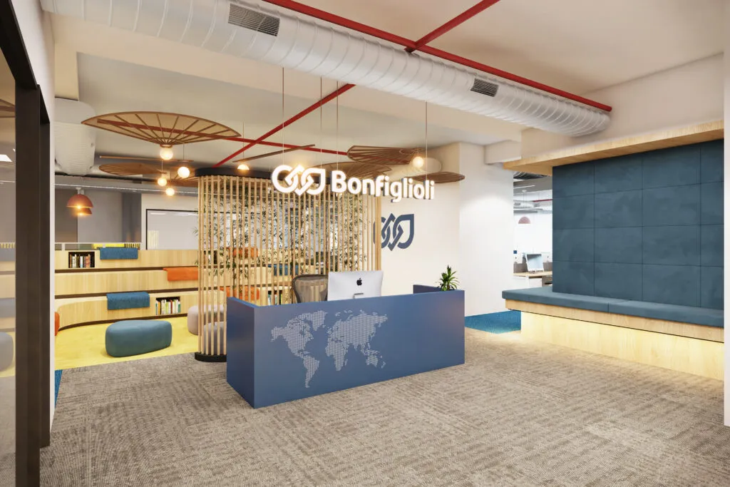 Corporate Office Breakout/Collaboration Zone with Curved Wooden Seating Corporate Office Layouts Desk and Decor 