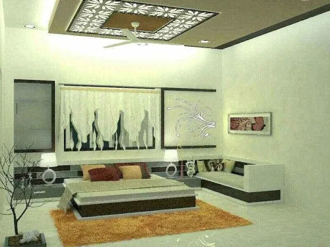 Bedroom with Decorative Floral Ceiling Panel & Wall Art Modern Bedroom Desk and Decor 