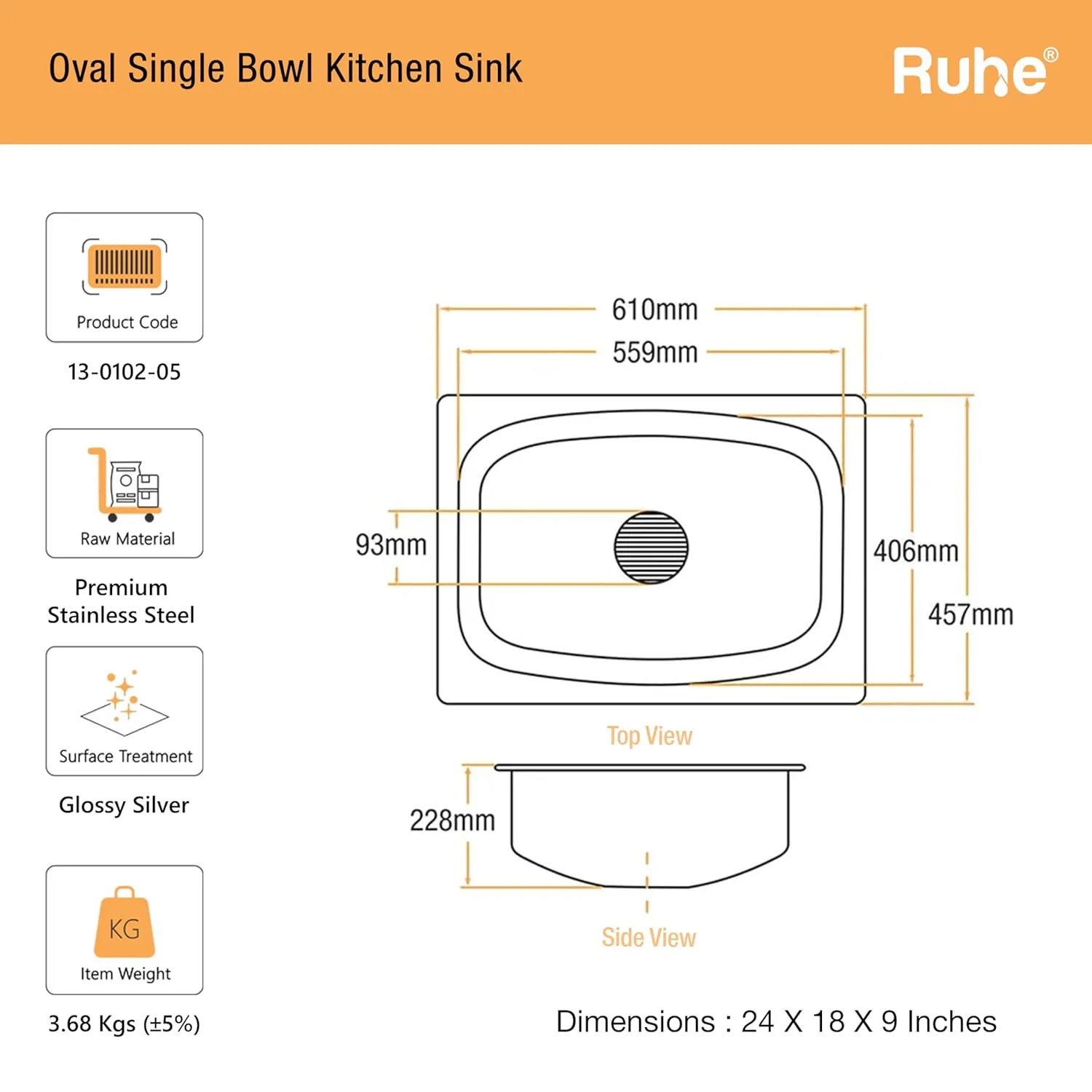 Oval Single Bowl 24x18x9 Inches Kitchen Sink Single Bowl Sinks Desk and Decor 