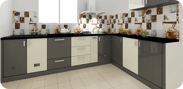 L-Shaped Modular Kitchen with Dual-Tone Grey & White Cabinets Modular Kitchen Desk and Decor 