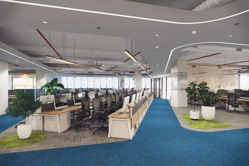 Corporate Office Breakout/Collaboration Zone with Curved Wooden Seating Corporate Office Layouts Desk and Decor 