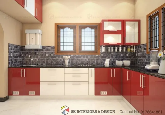L-Shaped Modular Kitchen – Red & White Glossy Finish Modular Kitchen Desk and Decor 