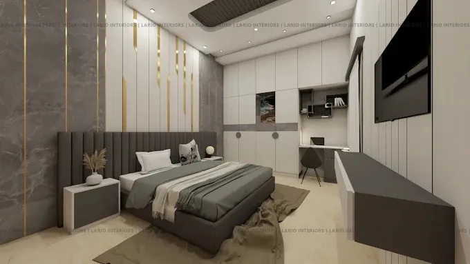 Luxury Master Bedroom with Gold-Trim Panel Headboard & Marble Backdrop Modern Bedroom Desk and Decor 