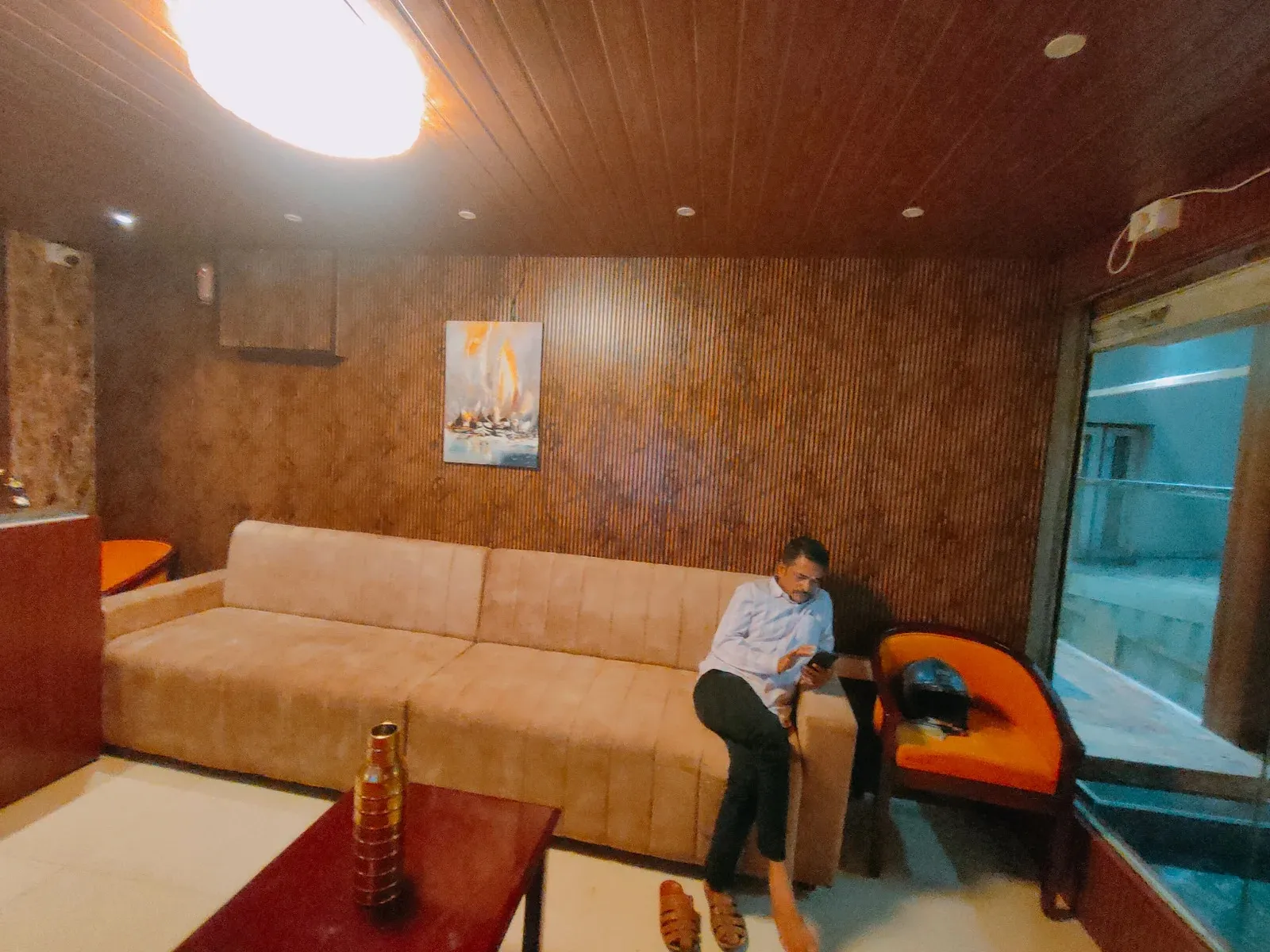Oriental-Themed Restaurant Interior with Wooden Slat Wall & Booth Seating Luxury Hotel Lobby Design Desk and Decor 