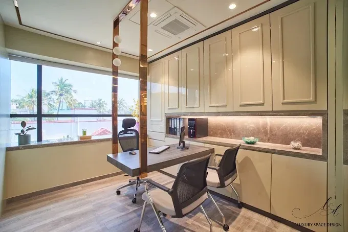 Corporate Meeting Room with Green Sliding Doors & Artistic Corridor Corporate Office Layouts Desk and Decor 