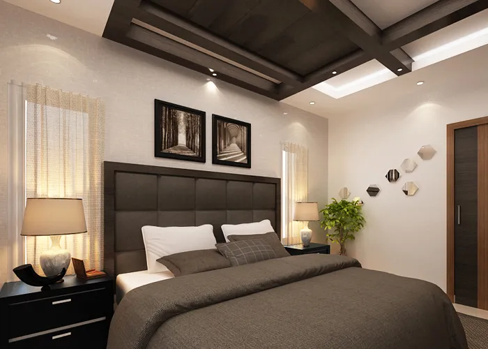 Elegant Master Bedroom with Tufted Headboard & Layered False Ceiling Modern Bedroom Desk and Decor 