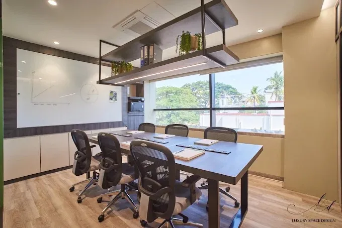 Corporate Meeting Room with Green Sliding Doors & Artistic Corridor Corporate Office Layouts Desk and Decor 