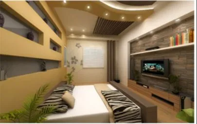 Contemporary Bedroom with Stone-Clad TV Feature Wall and Curved False Ceiling