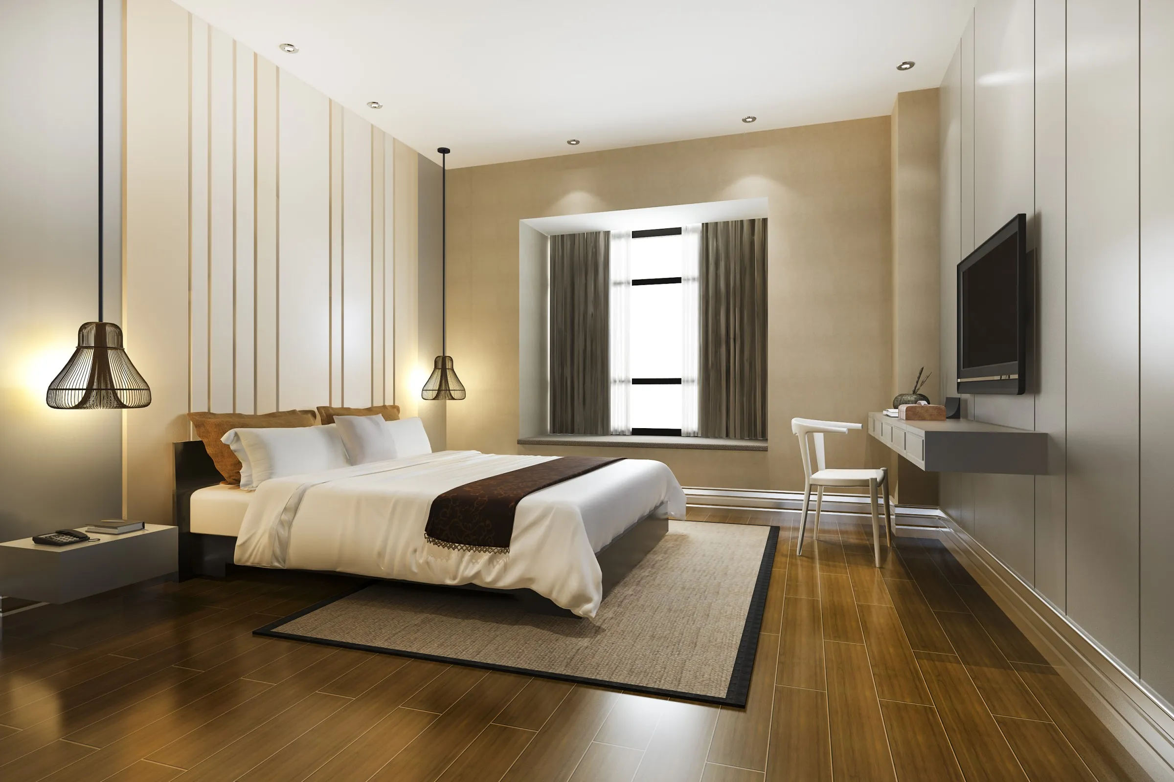 Hotel-Style Master Bedroom with Fluted Wood Panel Wall