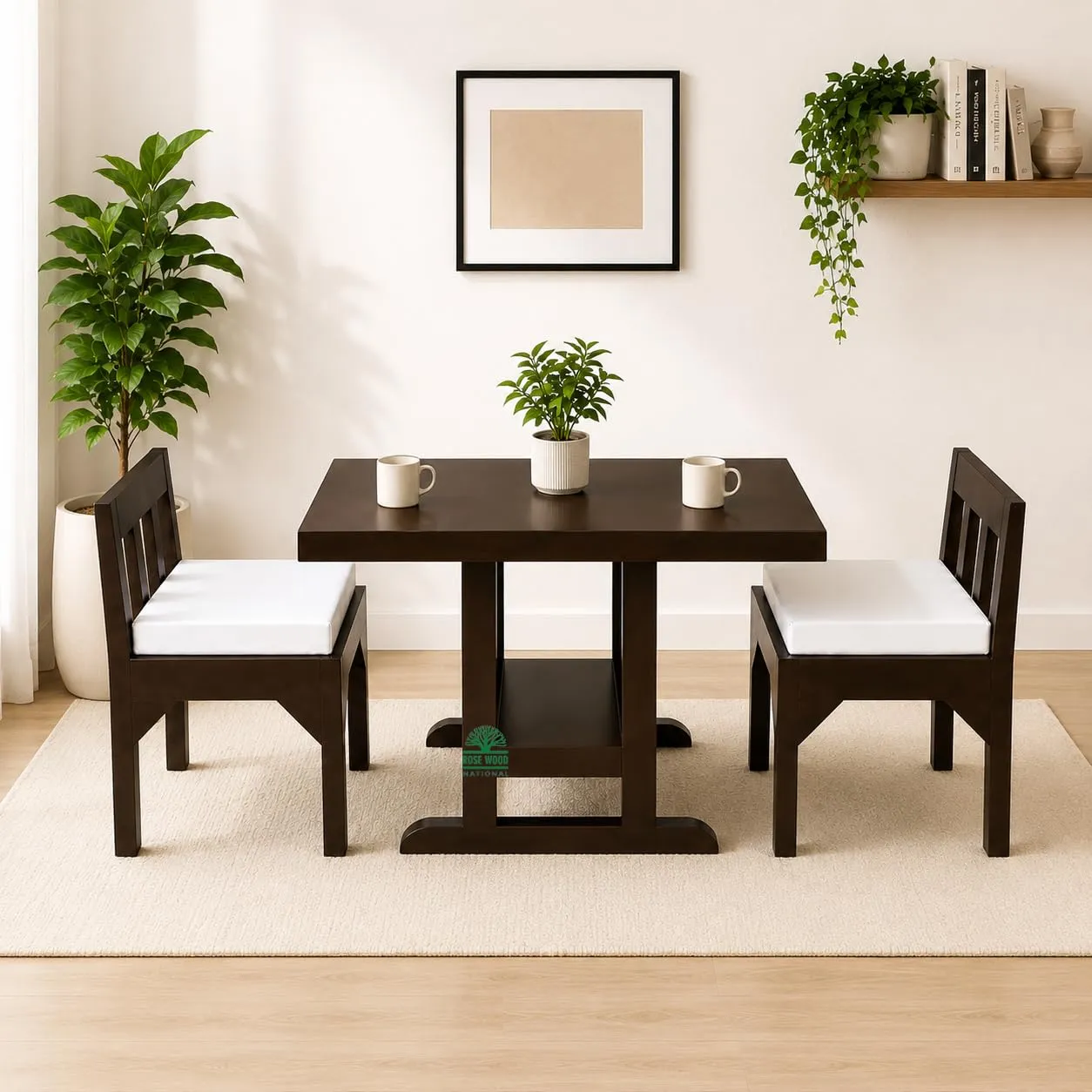 National Solid Mango Wood 2 Seater Dining Table Set with Cushioned Chairs