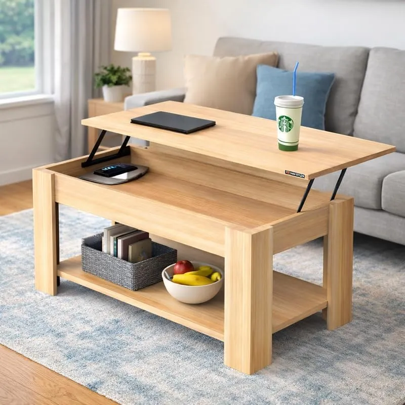 Wooden Lift Top Coffee Table with Storage Shelf