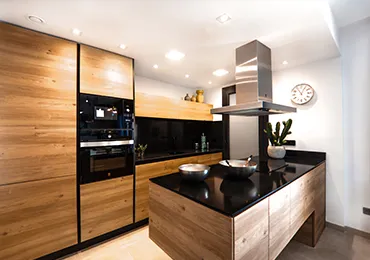 Modern Wooden Modular Kitchen with Black Countertop & Island