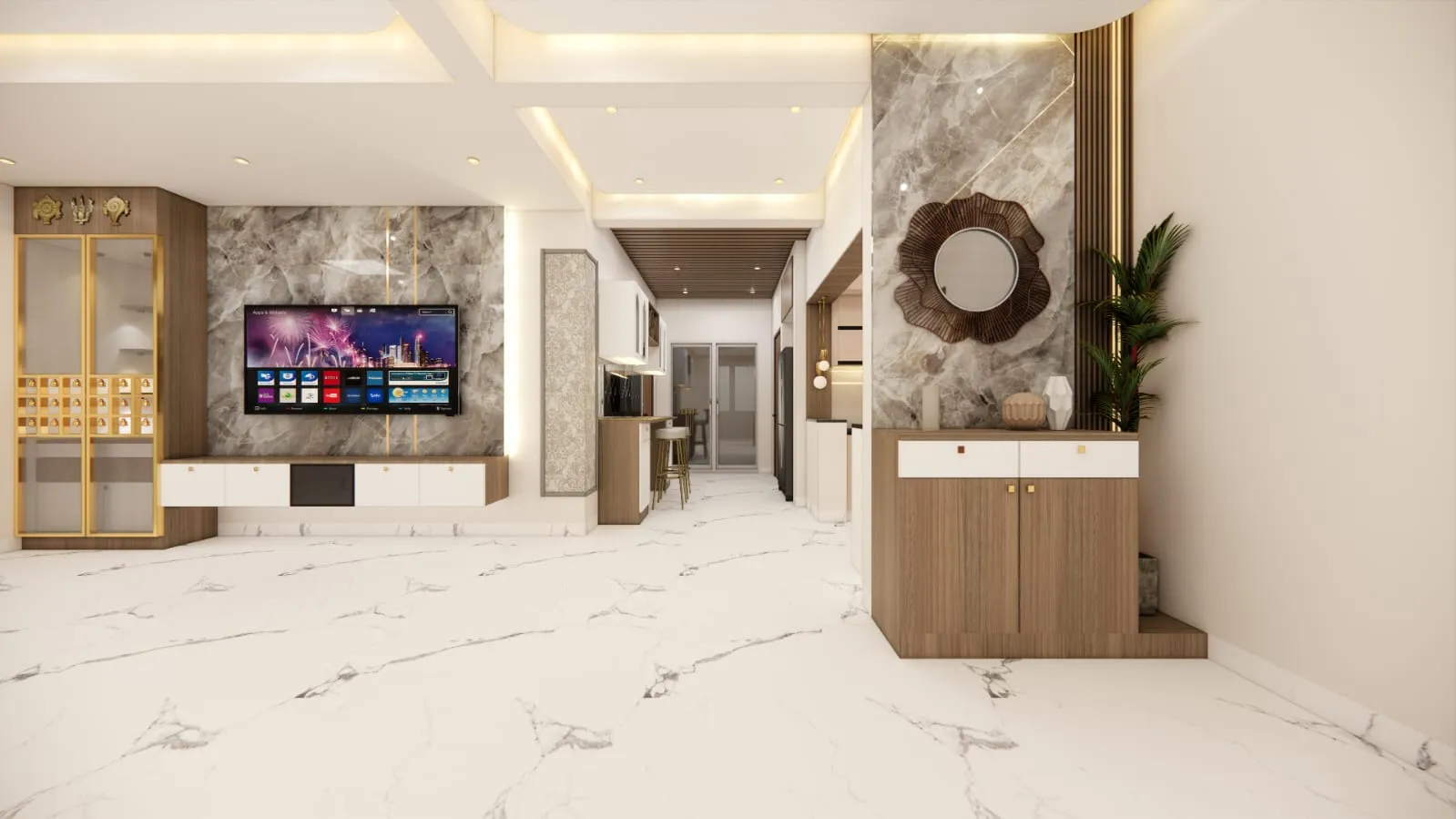 Modern Luxury Living Room Marble-Clad TV Feature Wall with Integrated Entryway Console | Interior Interior Design by Desk & Decor