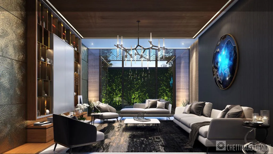 Luxury Living Room with Sculptural Chandelier & Circular Art Piece
