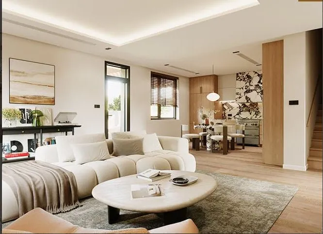 Modern Contemporary Living Room with Open Kitchen & Dining Area