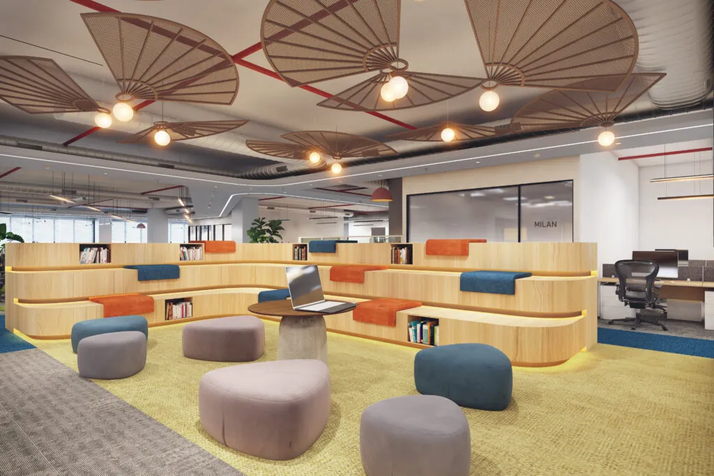 Corporate Office Breakout/Collaboration Zone with Curved Wooden Seating with Corporate Office Layouts Desk and Decor