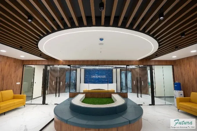 Corporate Reception Lobby — "DATAMARK" Office with Corporate Office Layouts Desk and Decor