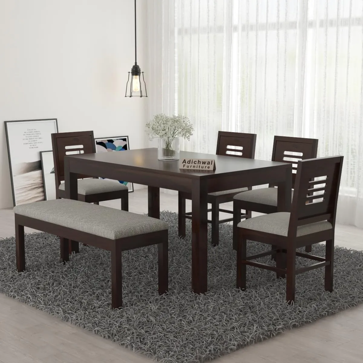 Adichwal Furniture Sheesham Wood 4 Chair with 1 Bench Dining Table Set with Cushioned Chairs for Dining Room