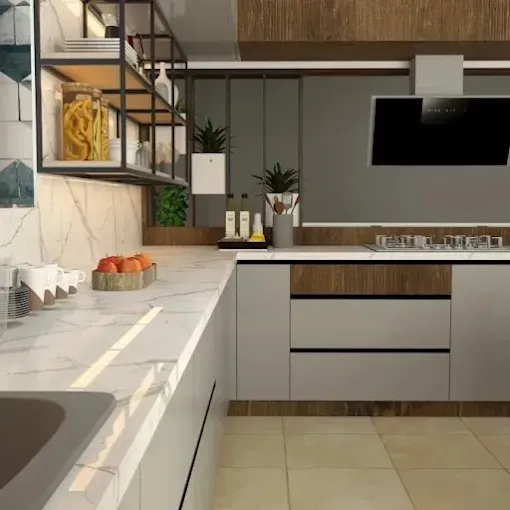 Modern L-Shaped Kitchen with Open Metal Shelving
