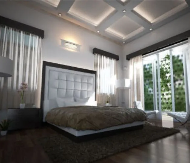 Bedroom with Coffered Ceiling & Garden View