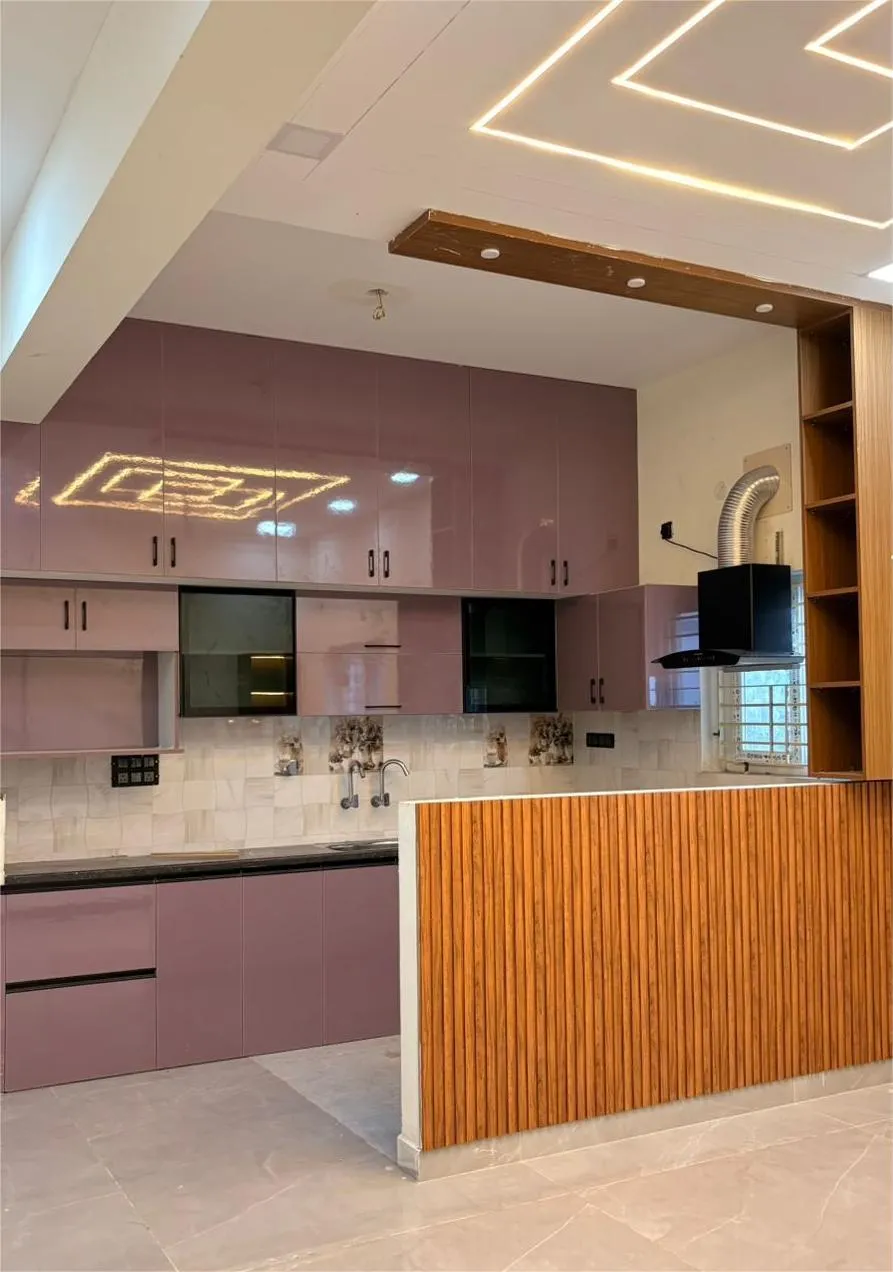 Premium L-Shaped Kitchen with Glossy Lavender Acrylic Cabinets | Cabinets & Storage Interior Design by Desk & Decor