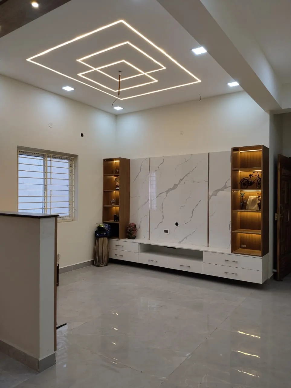 Refined Symmetry High-Gloss Marble Media Wall & Display Unit | Interior Interior Design by Desk & Decor