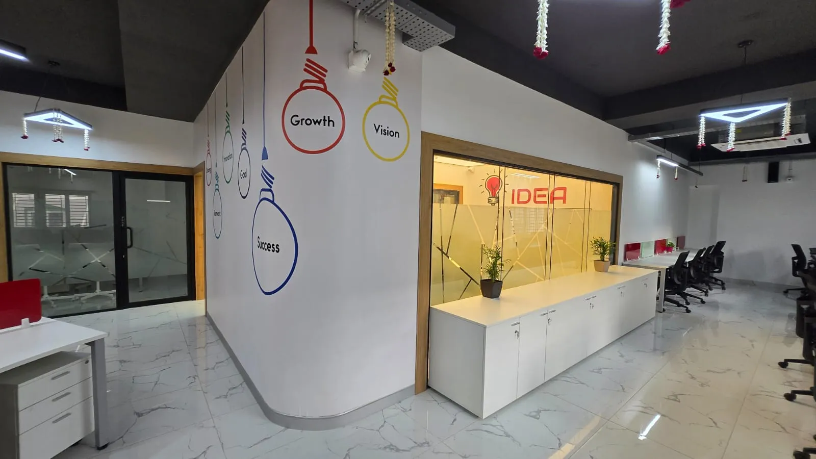 'Idea' Lightbulb Wall Graphics with Minimalist White Sideboard and Frosted Glass Partitions | Partitions & Panels Interior Design by Desk & Decor