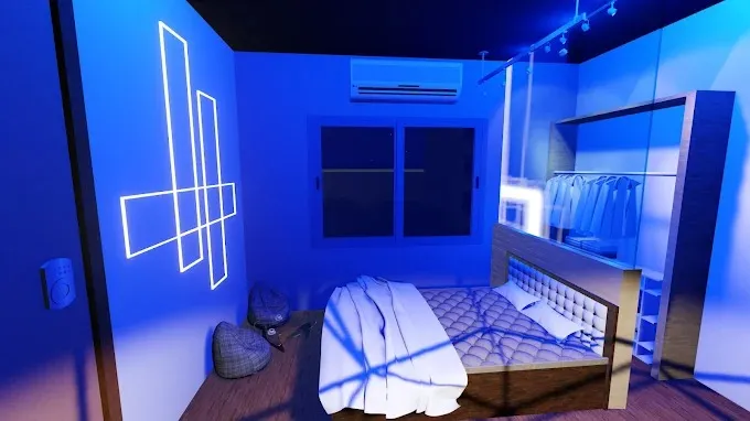 Futuristic Bedroom with Neon Wall Art & Blue Ambient Lighting