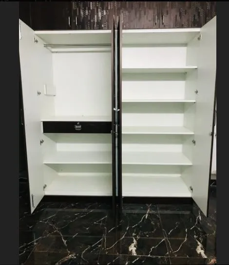 Dark Wood-Finish Wardrobe with White Interior Storage
