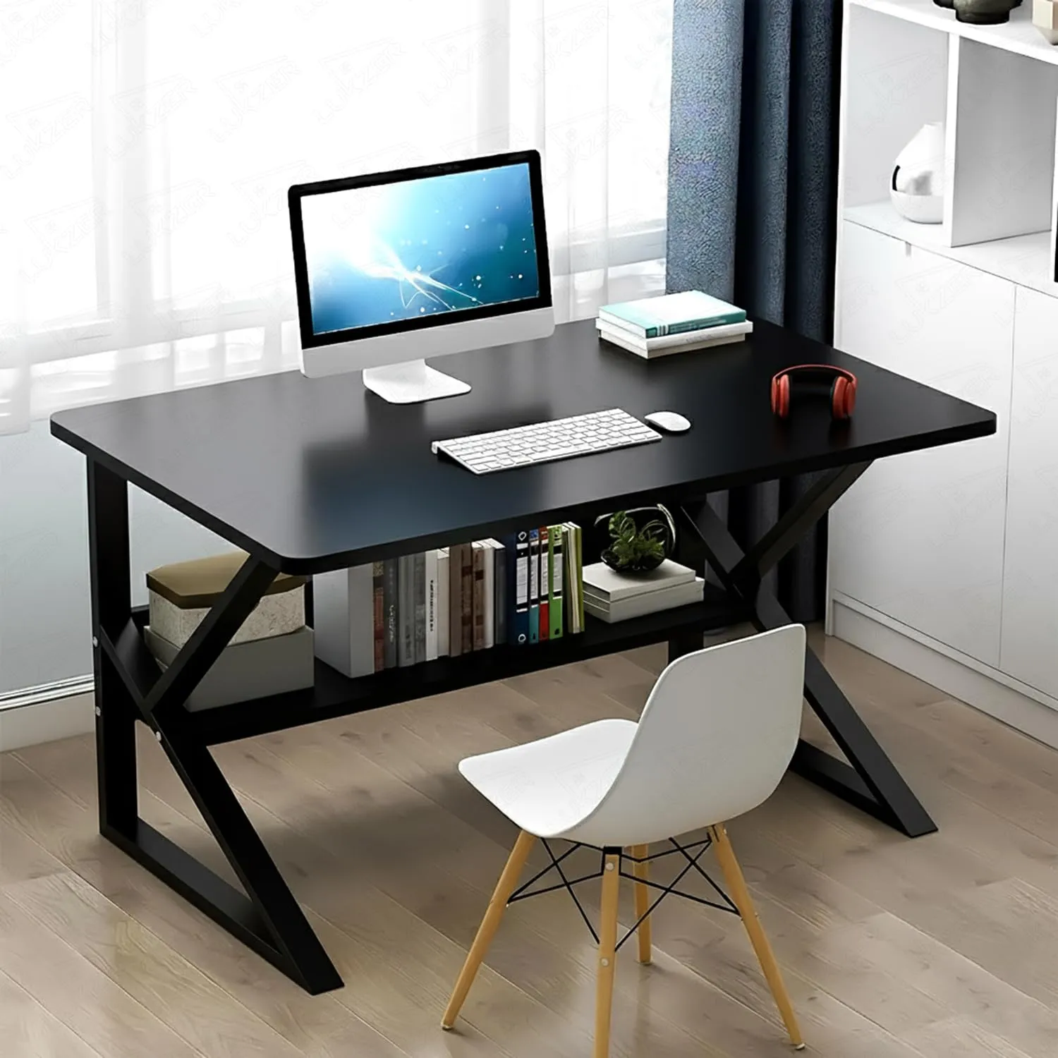 Modern Engineered Wood Computer Desk with Built-in Bookshelf