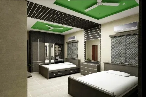 Bedroom with Green False Ceiling & Grey Textured Wardrobe