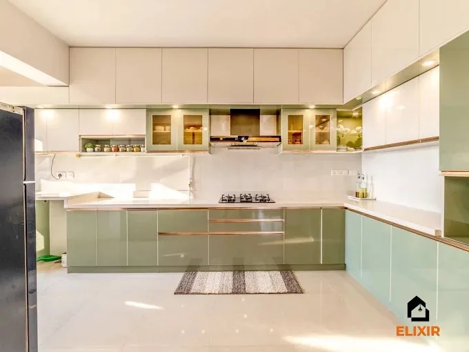 Sage-Green Modular Kitchen with Gold Trim