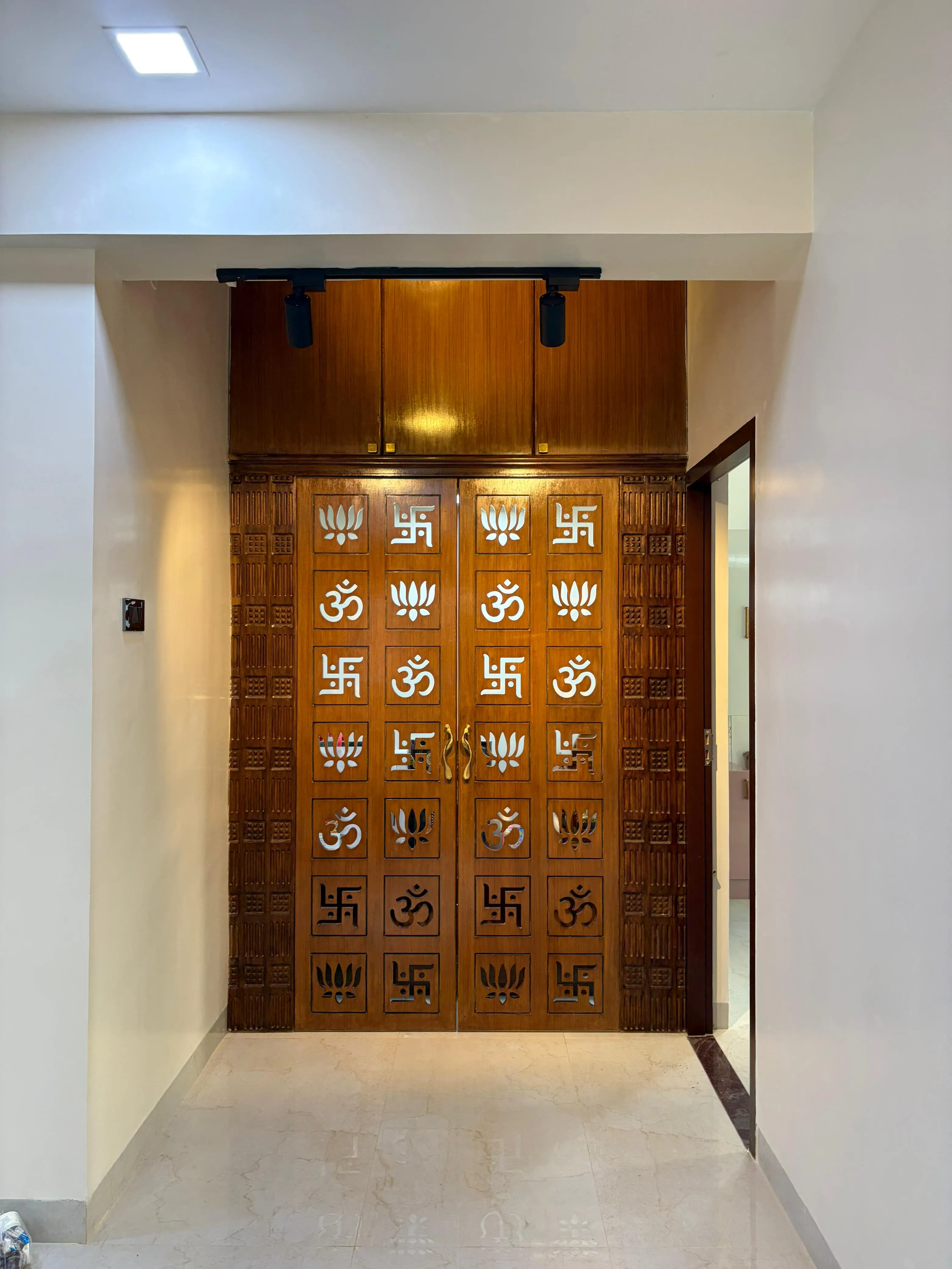 Modern Traditional Pooja Room Entrance Hand-Carved Teak Wood Door with Sacred CNC-Cut Motifs | Interior Interior Design by Desk & Decor