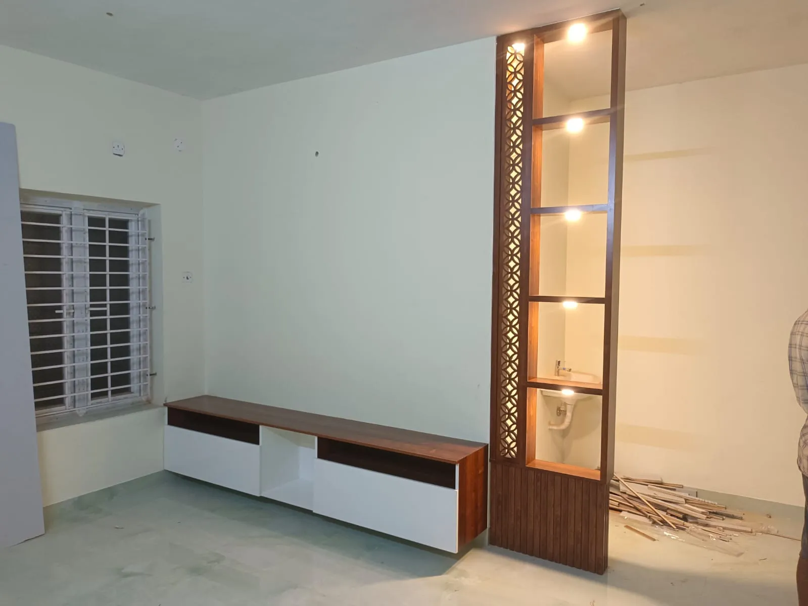 Modern Divider Floating Media Console with Decorative Jali Partition | Interior Interior Design by Desk & Decor