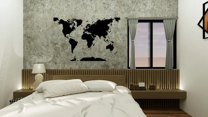 Bedroom with World Map Wall Art & Wooden Slat Headboard