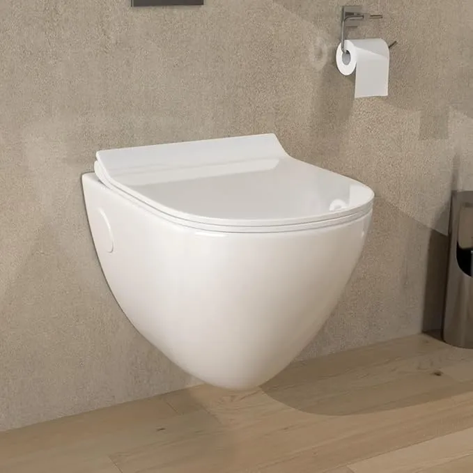 B Backline Ceramic Rimless Wall Mount/Wall Hung Western Toilet/Rimless Commode/Water Closet With Softclose Seat Cover 52 X 36 X 36 cm (White) for Bathrooms