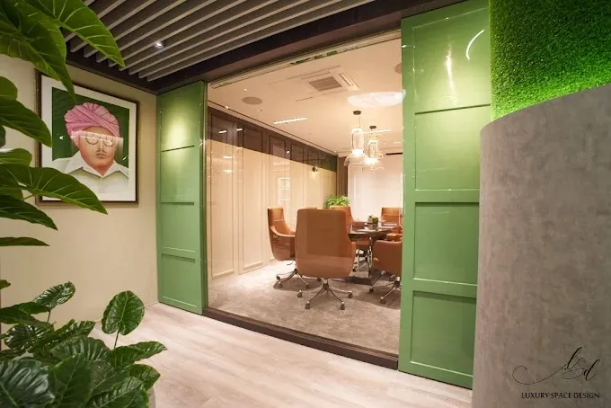 Corporate Meeting Room with Green Sliding Doors & Artistic Corridor with Corporate Office Layouts Desk and Decor