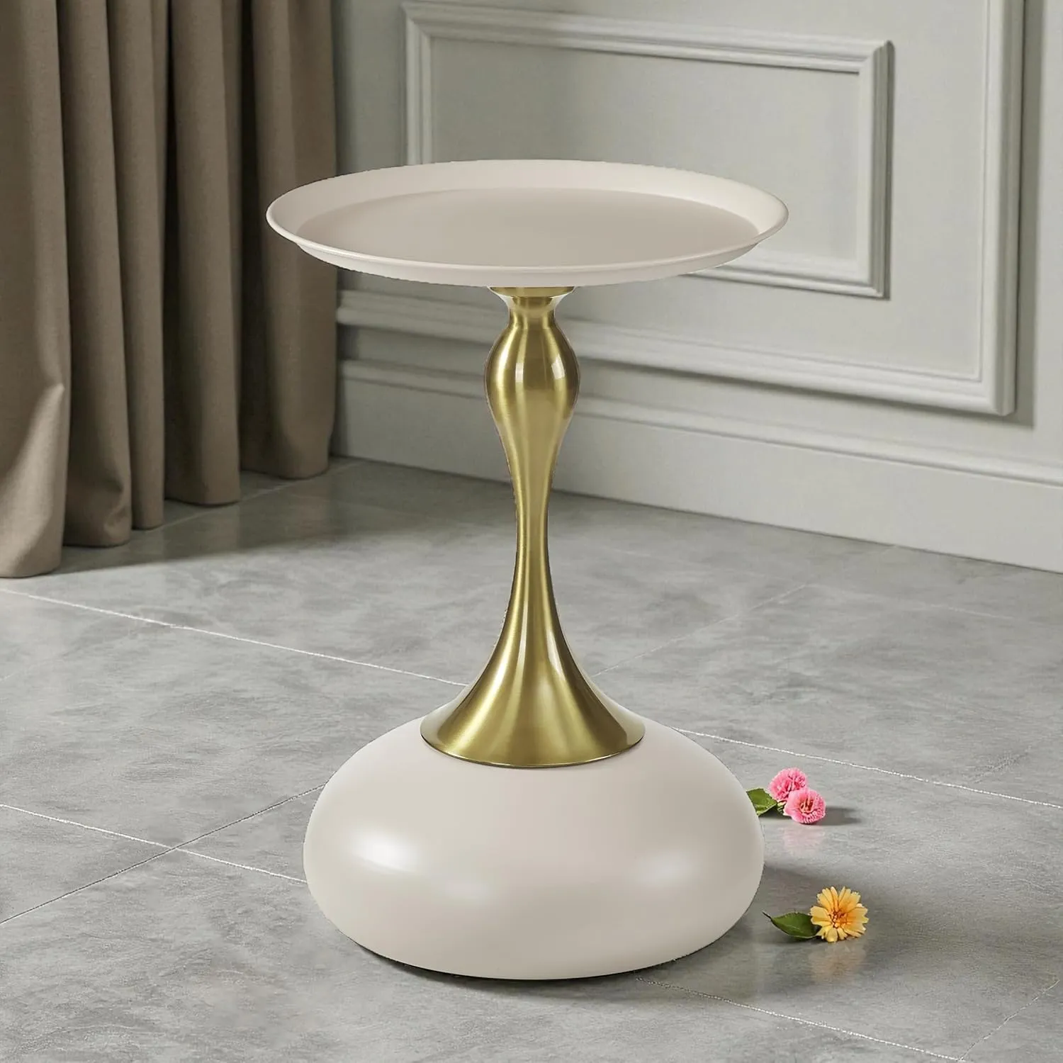 Luxe Pebble End Table Textured Metal Design,Ivory