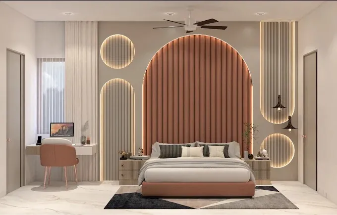 Bedroom with Arched Terracotta Channel-Tufted Headboard Wall