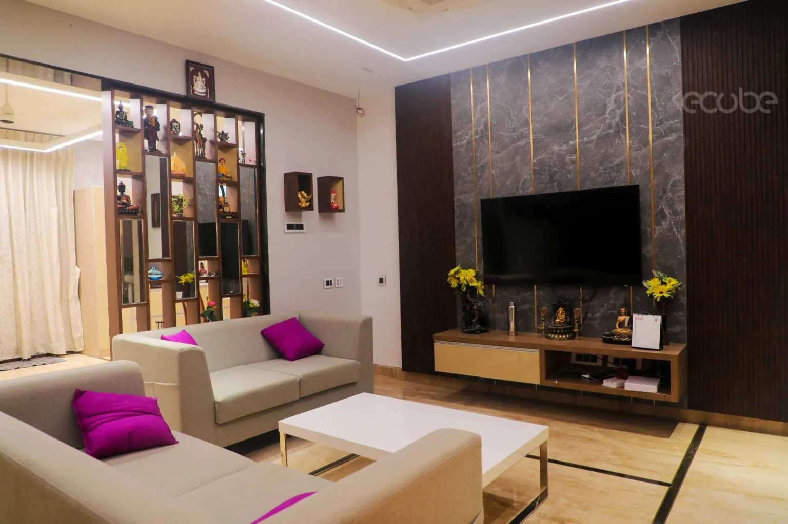 Luxury Living Room Set with Marble & Gold-Strip TV Unit