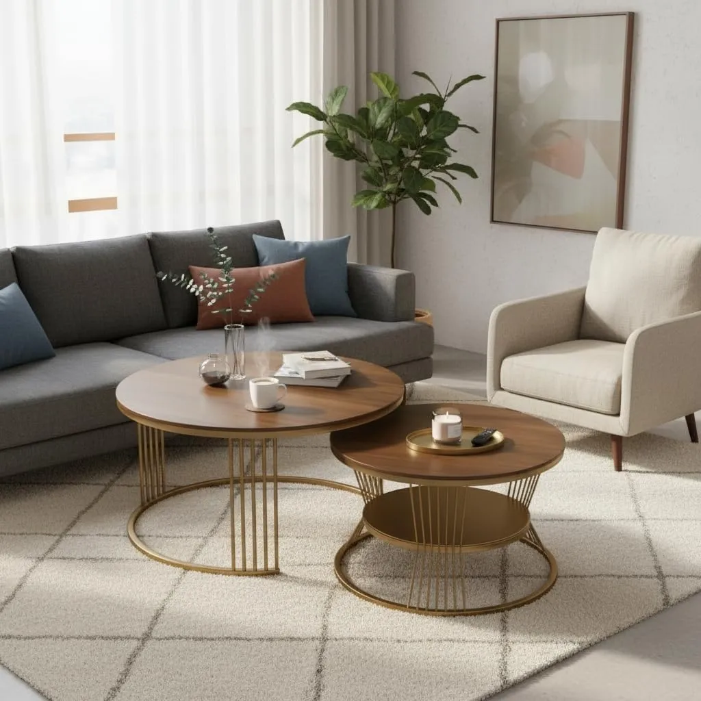 Iron Frame Handmade Round Coffee Table with Nested Coffee Tables Desk and Decor