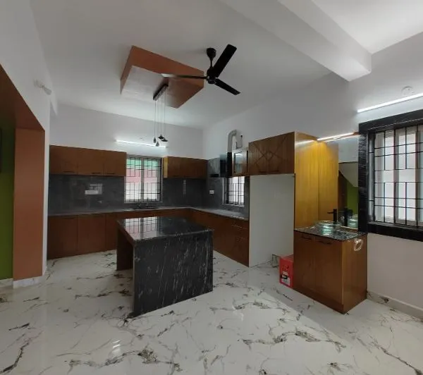 Open Kitchen with Central Island & Marble Flooring