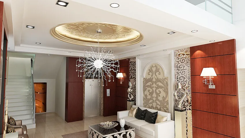 Luxury Resort Lobby with Decorative Ceiling & Feature Wall