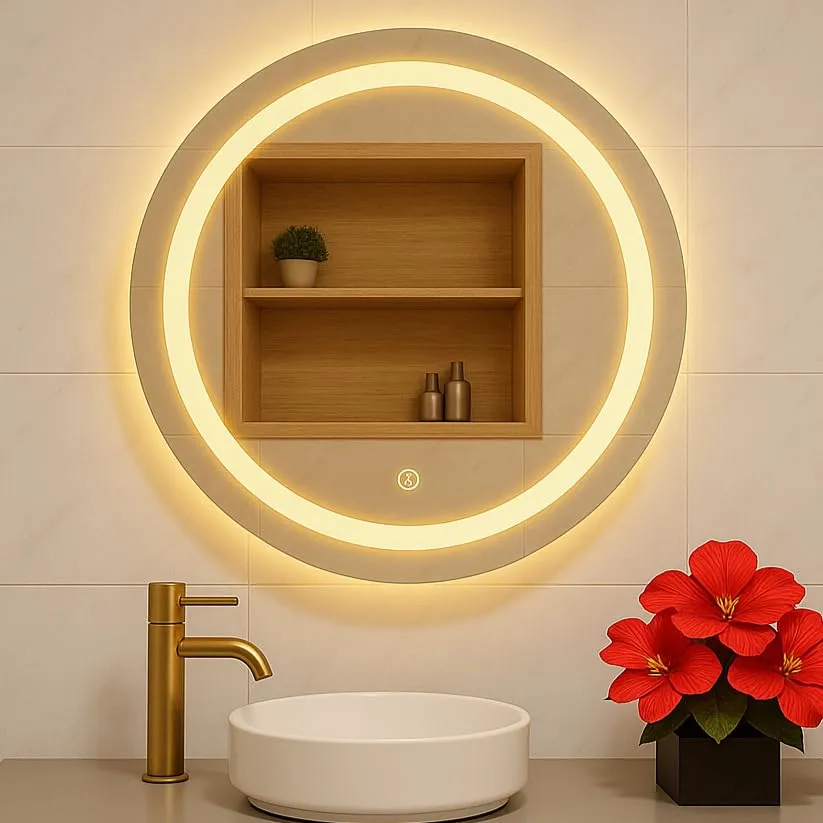 Wall Mounted Framed Round Mirror with Light 24 Inch X 24 Inch