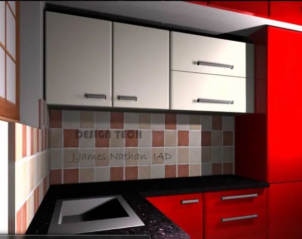 Red & White Modular Kitchen with Patterned Tile Backsplash