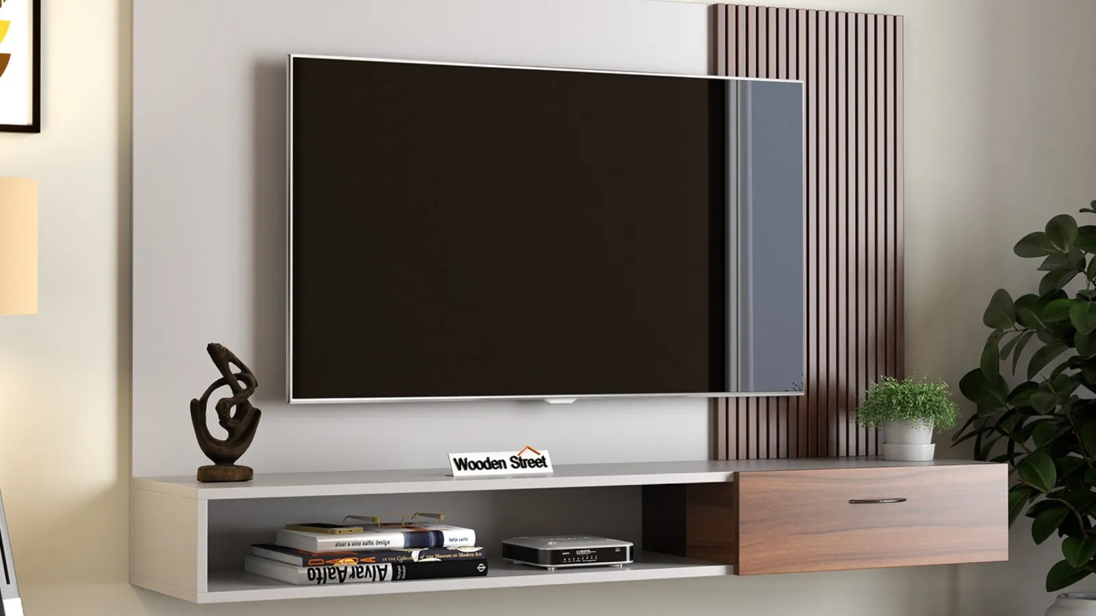 Wall-Mounted TV Unit with Wooden Slat Panel & Storage Drawer