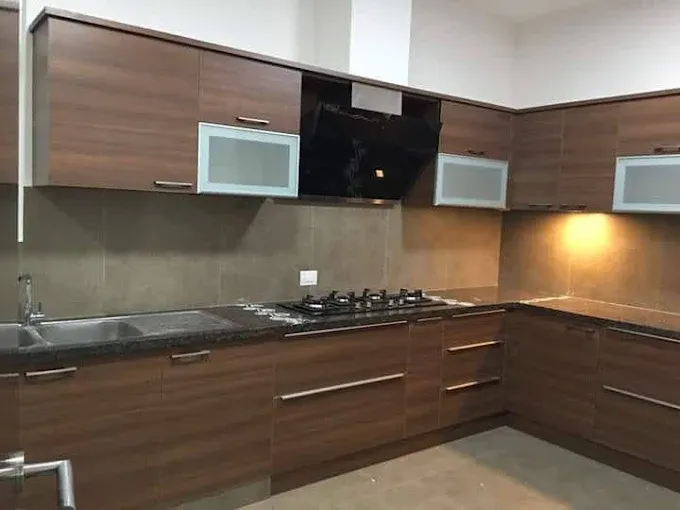 Modern L-Shaped Modular Kitchen with Wood Finish